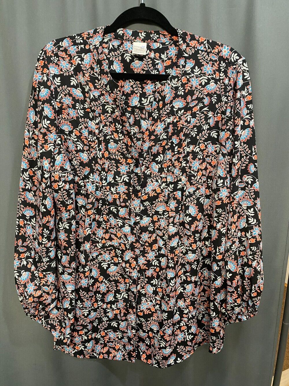 TERRA & SKY Blouse Top Womens 14W Multicolor Floral Long Sleeve Button Front B82